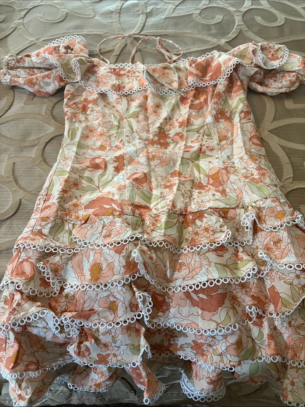 Bardot Floral Ruffle Off-Shoulder Dress in Peach, Cream & Green